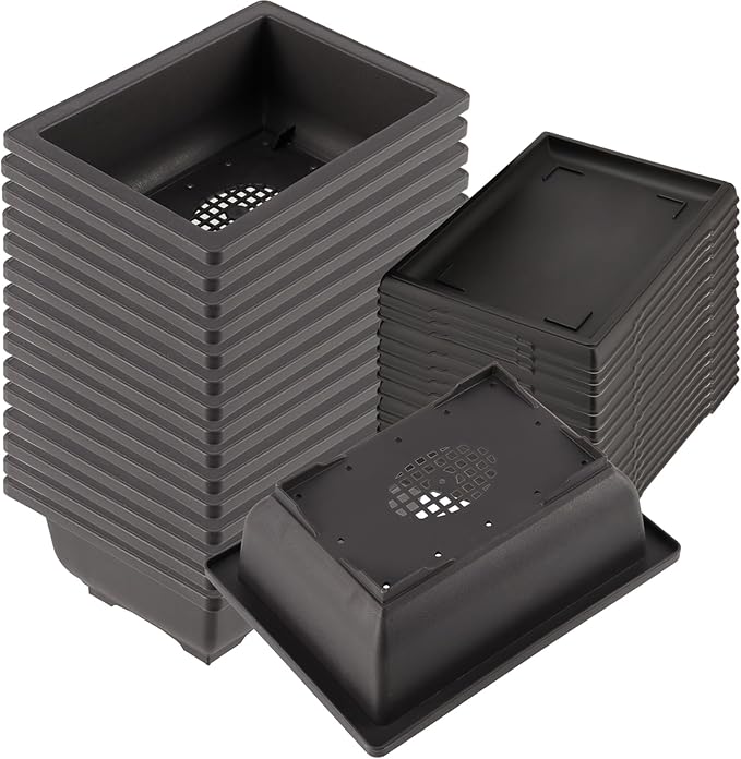 KINJOEK 15 PCS 6.5 Inch Plant Pot, Rectangular Plastic Bonsai Training Pots with 15 Humidity Trays, Flower Succulent Pots Container for Garden, Indoor, Home Decorative
