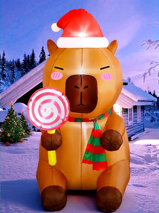anroog Christmas Inflatable Outdoor Decorations Capybara Inflatables 4.92ft Christmas Blow Up Capybara Hold Lollipop Candy Yard Decor with Led Lights Xmas Holiday Garden Lawn Outside Decor
