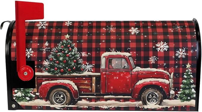 SUABO Mailbox Cover Red Truck Plaid Christmas Tree Oversize Magnetic Mailbox Covers Wraps for Christmas Home Yard Garden Decor