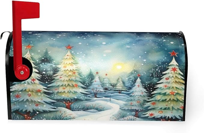 Festive Magnetic Mailbox Cover Christmas Forest Pattern Outdoor Mailbox Protector Holiday Seasonal Decorative Garden Yard Home Large Size 25.5 x 21 Inch