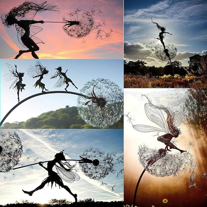 Flower Fairy Dancing with Dandelion Garden Art Sculpture Stainless Steel Statue Christmas Halloween Decoration for Outdoor Yard Courtyard Lawn Patio Metal Ornaments (Three Persons)