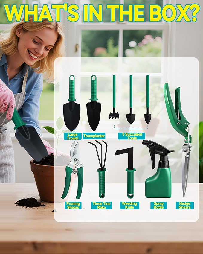 Garden Tool Set, 10pcs Heavy Duty Gardening Tools, Durable Gardenings Hand Tools, Gardening Tool Set with Ergonomic Handle, Gardening Supplies with Storage Box, Ideal Garden Gifts for Women