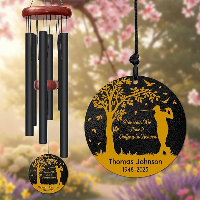 Personalized Golf Memorial Wind Chime – “Someone We Love is Golfing in Heaven” Custom Engraved Name & Years – Outdoor Sympathy Gift for Golf Lovers – Remembrance Windchime for Loss of Loved One
