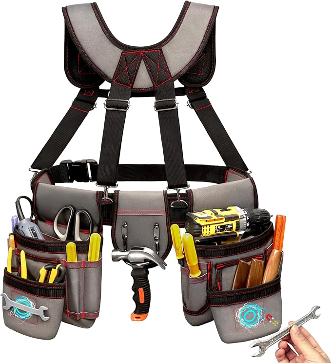 Tool Belt With Suspenders, Professional Tool Belt for Men, Magnetic Tool Belts With Suspenders, 18 Pockets Heavy Duty Detachable Adjustable Tool Belts for Electrician, Carpenter (Grey, 32''-66'')