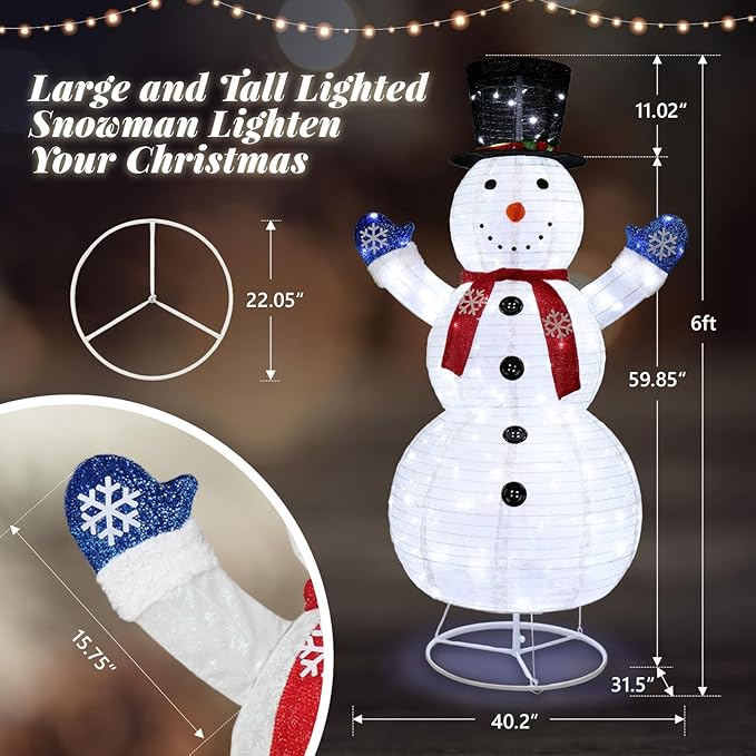 VINGLI 6FT Lighted Snowman Christmas Decorations Outside w/ 200 LED Lights, Pop-up Snowman Ornaments Outdoor with Ground Stakes for Party Holiday Indoor Decor