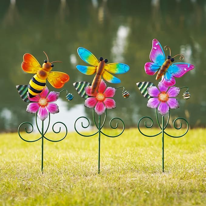 Topadorn Floral Garden Stakes Outdoor Plant Pick Waterproof Metal Flower Garden Stakes for Lawn Yard Patio,Pathway and Planter Pot Decor,Set of 3,Bee,Butterfly and Dragonfly