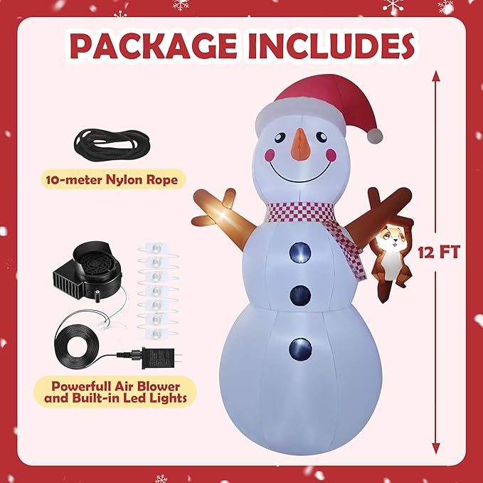 12ft Giant Snowman Inflatable Decor with Cute Squirrel Christmas Inflatable Yard Decor Build-in LED Outdoor Blow up Holiday Decorations for Yard/Lawn/Garden