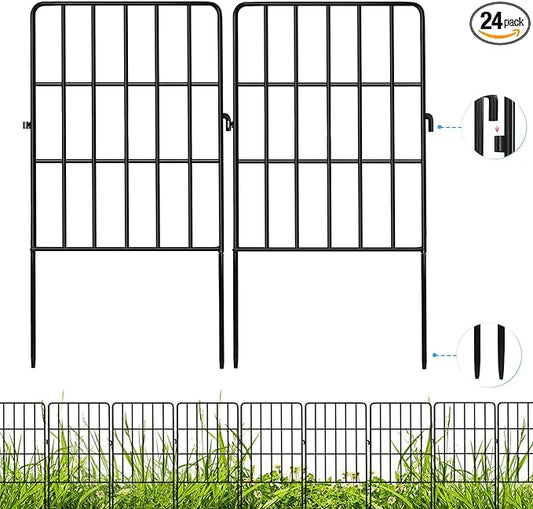 Decorative Garden Fence 24 Pack, 24 Ft (L) X 24 in (H) Black Square Rustproof Metal Fence, Animal Barrier Fence for Small Dog, Outdoor Flower Bed Landscape Decor for Yard