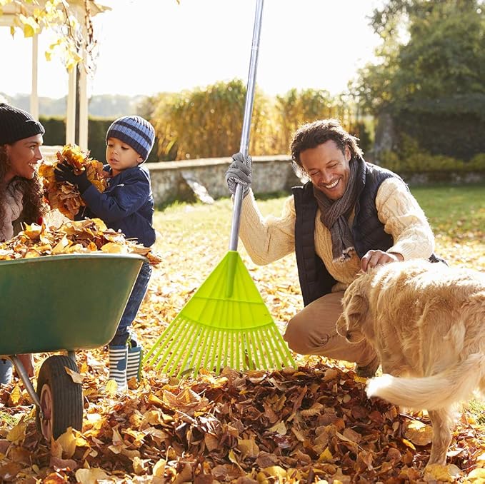 Colwelt Plastic Leaf Rake with 56'' Lightweight Stainless Steel Handle, 22Tines Plastic Head & Garden Gloves for Collecting Loose Debris