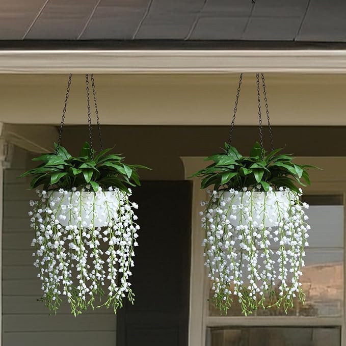 alyptus Hanging Planters for Indoor Plants Fake Flowers - 2-Pack Artificial Hanging Lily of The Valley with Pot - White Faux Flowers in Planters for Indoor Décor