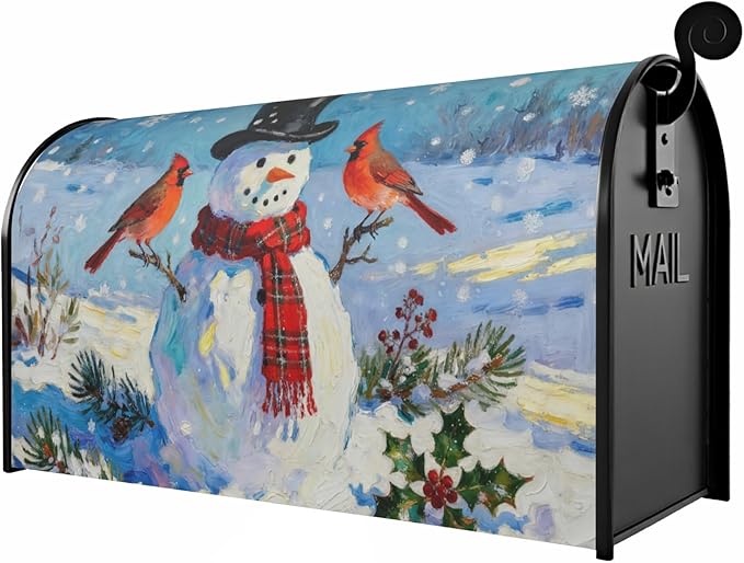 Winter Snowman Mailbox Covers Magnetic Standard Size Blue White Red Cardinal Bird Christmas Holiday Outdoor Decorative Seasonal Letter Box Cases for Home Garden Outside Decor, 21x18 Inch