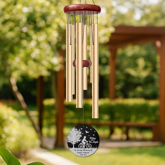 Personalized Cyclist Memorial Wind Chime – “Riding with The Angels” Custom Name & Years – Sympathy Gift for Biker Families – Memorial Windchimes for Loss of Loved One – Garden Remembrance Décor