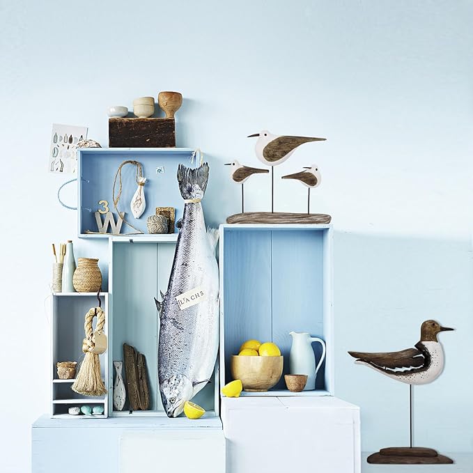 Aecipl Wooden Sea Bird Statue Seagull On Stand Decor Nautical Coastal Birds Sculpture Indoor Outdoor Animal Figurine Beach Themed Decoration Rustic Home Art for Bedroom Garden (D)