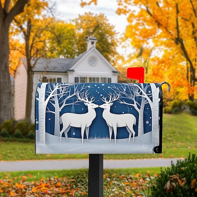 Winter Deer Mailbox Cover Snow Mailbox Covers Magnetic Standard Size 21x18 inch Christmas Post Letter Box Cover Outdoor Decor for Garden