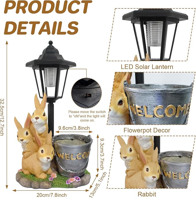 Outdoor Rabbit Garden Statues with Solar Lantern Flowerpot- Bunny Figurine Rabbit Decor for Home Lawn,Balcony Yard Art Garden Patio Decor,Unique Housewarming Birthday Gifts for Women Mom