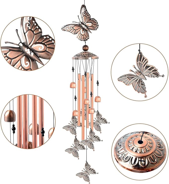Butterfly Wind Chimes for Outside,34 inch Length Memorial Butterfly Wind Chime with 4 Large Aluminum Tubes & S Hook,Indoor Outdoor Decor Hanging Wind Catcher Bell for Home,Garden,Patio,Backyard,Porch