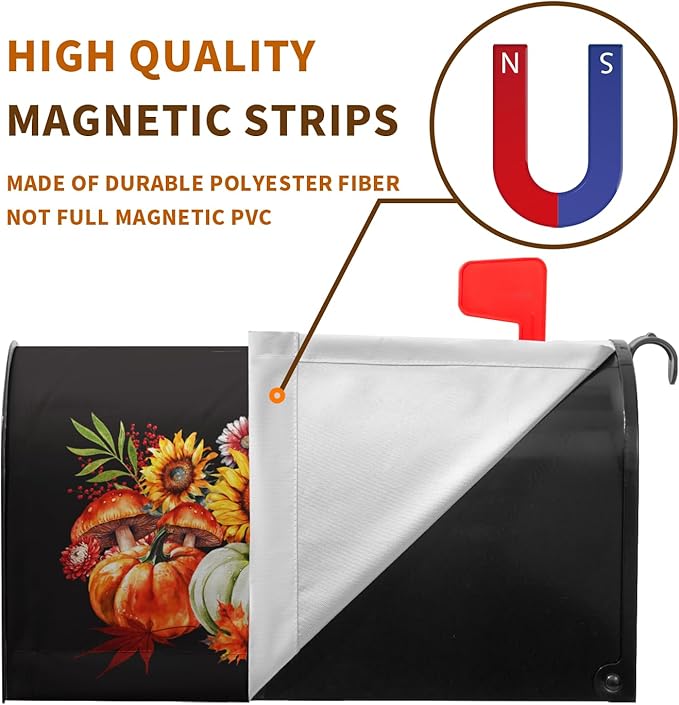 Fall Magnetic Large Size Thanksgiving Pumpkin Mailbox Cover With Maple Leaves - Waterproof Decor Flower Wraps for Garden Oversize 25.5 x 21 Inch