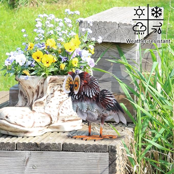 hogardeck Owl Garden Decor Outdoor Statues, 2PCs Large Metal Bird Standing Yard Art, Lawn Sculptures Ornaments for Outside Patio Pond Backyard, Holiday Sympathy Gifts for Grandma Mom