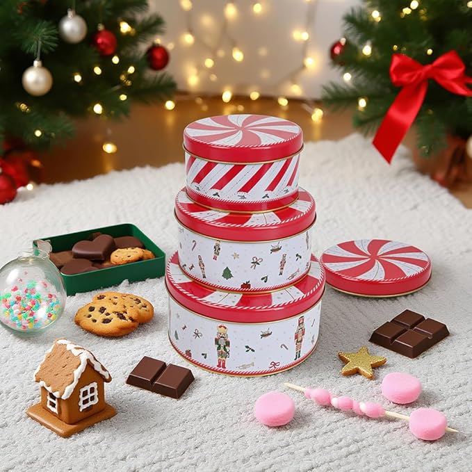 Christmas Cookie Tin Set of 3 Decorative Metal Storage Tin Boxes with Lids for Home Decor Memory Boxes for Keepsakes and Photos(WhiteRed)