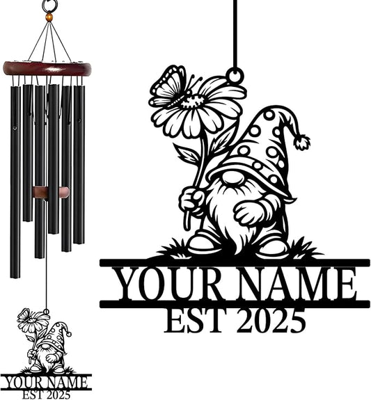 Personalized Customize Name Gnome Wind Chime, Metal Iron 37 Inch Outdoor Memorial Gift for Garden Yard Patio Home Decor, Black，Christmas (Style A)
