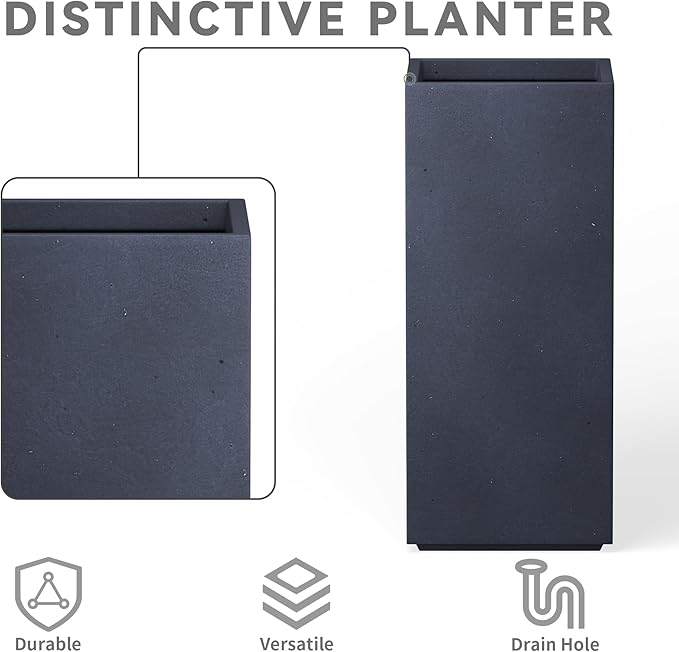 Kante 27.6" H Tall Rectangular Concrete Planter, Modern Square Diameter Plant Pot with Drainage Hole and Rubber Plug for Indoor Outdoor Home Patio Garden, Charcoal