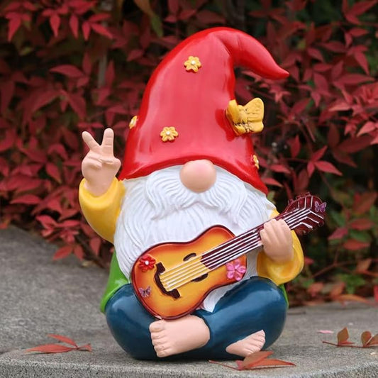 Hippie Garden Gnome Statue,Funny Gnome Figurine with Guitar -9.3‘’ Outdoor Resin Lawn Ornament,Unique Gift for House,Lawn,Patio and Porch, Gifts for Garden Lovers
