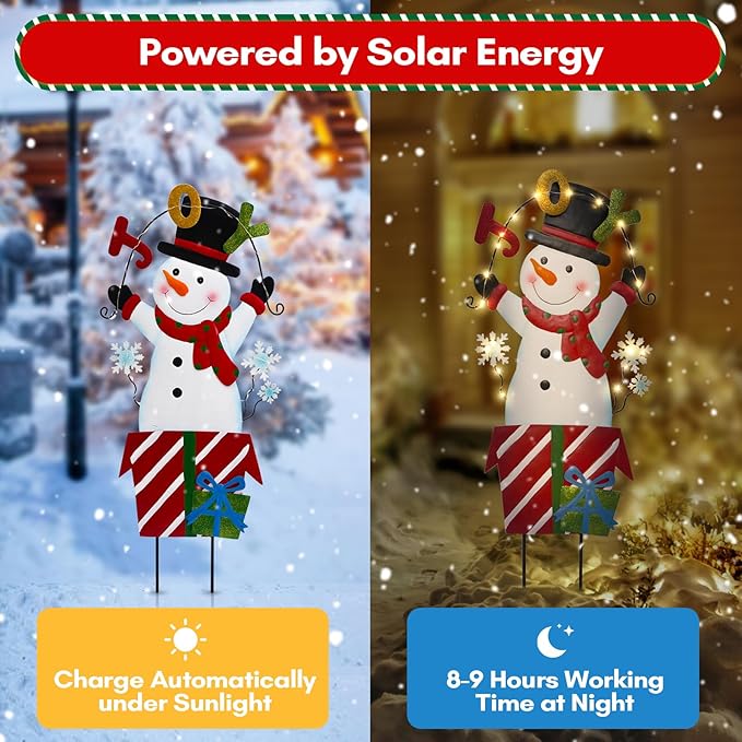 Christmas Outdoor Yard Signs Decorations, LED Solar Metal Garden Stake Lights with Joy for Patio Lawn Christmas Decor (Snowman)