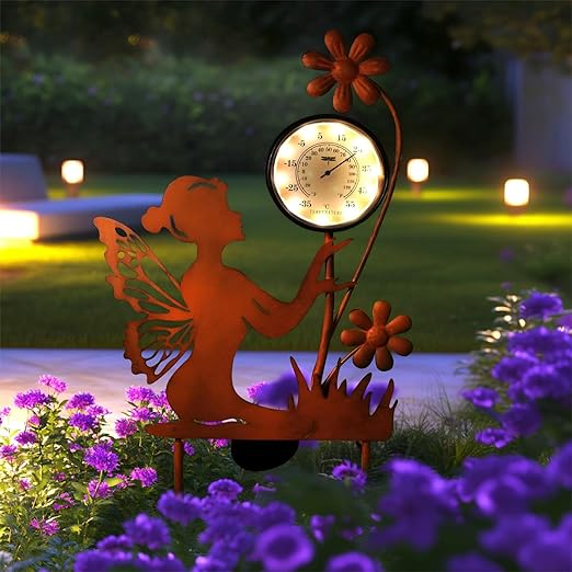 HONGLAND Solar Outdoor Temp Stakes Outdoor Thermometers for Outside Metal Fairy Waterproof Patio Lawn Temperature with Solar Warm LED Lights for Yard and Garden, Holiday Gifts for Woman