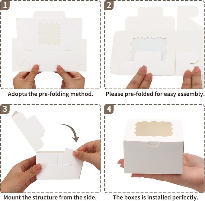 TOMNK 150pcs White Cookie Boxes with Window,4x4x2.5 Inch Small Bakery Boxes, 3 Style, for Dessert, Chocolate Strawberries Donuts and Party Favor