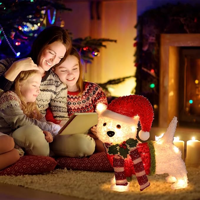 Christmas Outdoor Decoration Lighted Dog 14" Xmas 25 LED Warm Lights 3D Decor Indoor, Battery Powered Outdoor Holiday Decorations for Home, Yard, Garden