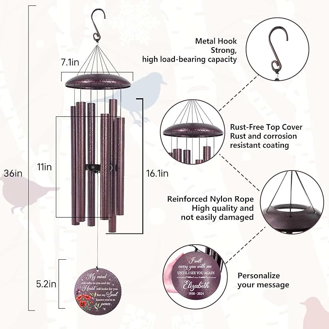 ASTARIN Personalized Memorial Wind Chime for Loss of Loved One 30/36/42 inch, Sympathy Deep Tone Wind Chimes for Mom Dad/Mother Father, Remembrance Gifts for Grief Condolence Funeral, Bereavement 30