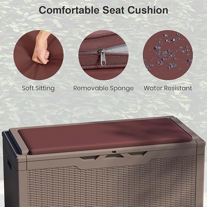 Patiolife 100 Gallon Resin Deck Box with Cushion, Large Outdoor Storage Box for Garden Tools, Pool Supplies, Waterproof and Lockable, Dark Brown