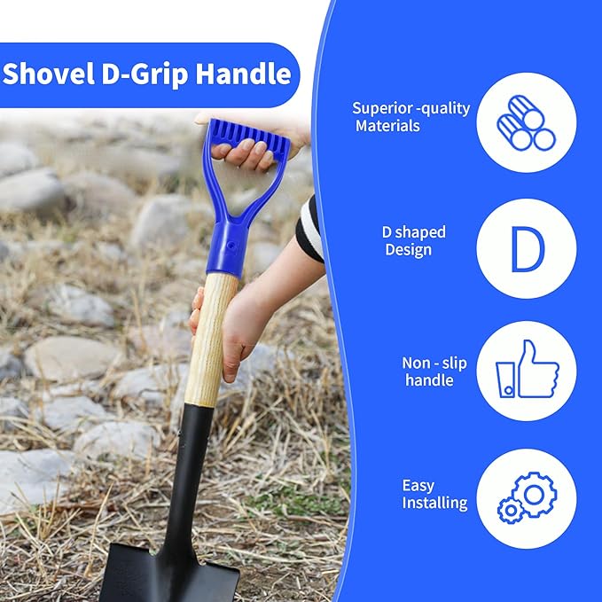 2 Pcs ID 1.26" Blue Shovel D-Shaped Grip Handle,PVC Shovel D Straight Grip Handle,Plastic Spade Replacement Snow Removal Garden Accessorie Backyard Digging,7.09×3.74-in(H*T)