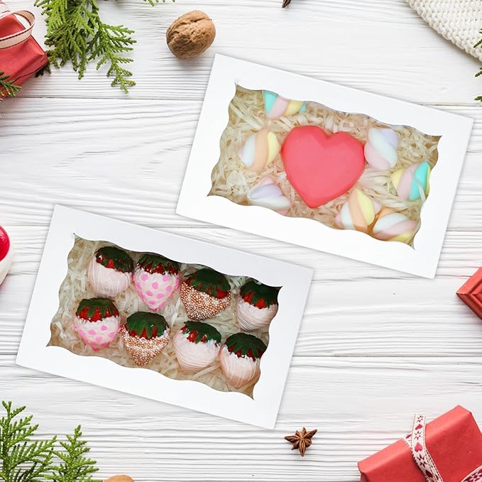 50pcs Cookie Boxes 7" x 4 3/8" x 1 1/2" Inch, Bakery Boxes with window Treat Box Chocolate Covered Strawberries Box for Christmas Valentine's Mother's Day - White