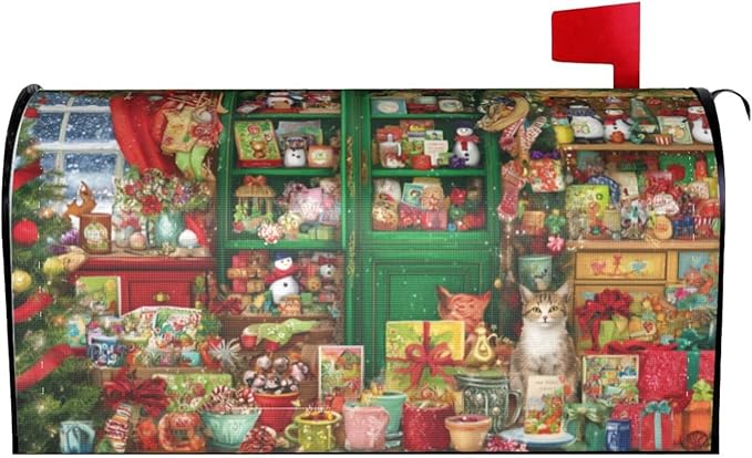 Christmas Cat Mailbox Covers Magnetic Letterbox Covers 21x18 Inch for Garden Outdoor Decoration