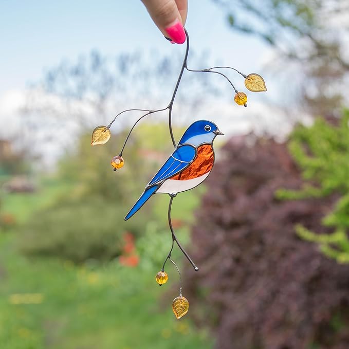 Gift Birds Handmade Stained Glass Suncatcher Genuine Stained Glass Window Hangings Unique Indoor Ornament & Outdoor Decor (Bluebird)