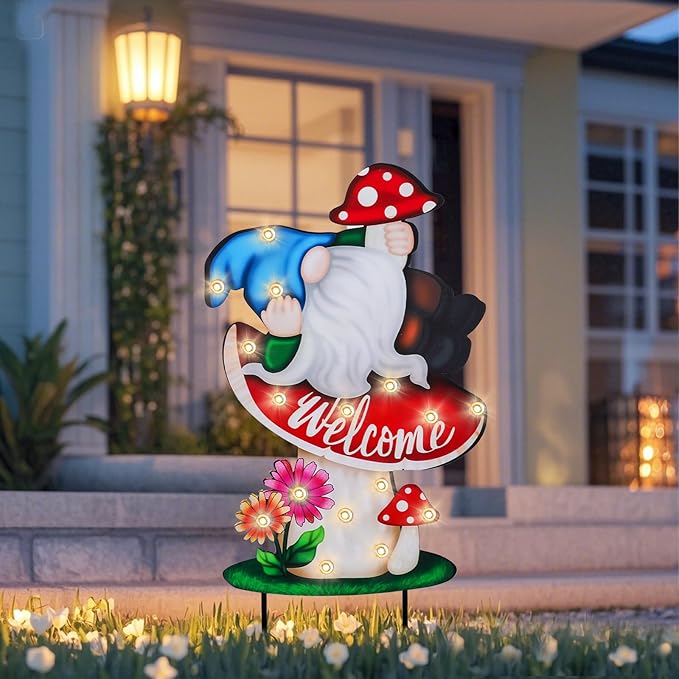WONDER GARDEN Decorative Garden Stakes - Lighted Mushroom and Gnome Yard Sign Stakes with Flower, Spring Signs for Outdoor, Porch, Yard,Flower Bed Decor (Battery Operated)