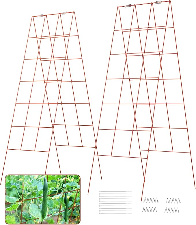 DOEWORKS Cucumber Trellis, 56" High Foldable A Frame Garden Trellis, 2 Pack, Plant Support for Climbing Cucumber, Beans, Tomatoes, Flowers, Red