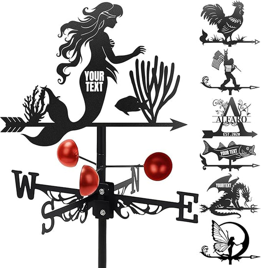 Custom Metal Weathervane Personalized Steel Wind Indicator with Name Outdoor Decor for Roof Garden Barn Patio-Mermaid