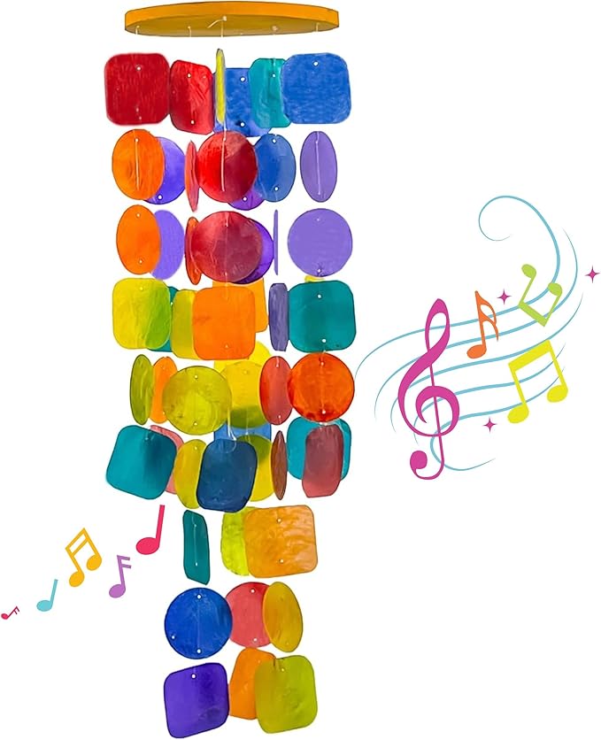 Bellaa Wind Chimes Outdoor, Garden Decorations, Musical, Indoor/Outside Windchimes, Beach, Ocean, Breeze, Gifts for Mom, Gift for All Occasions, Capiz Sea Glass Shells Wood 1 Rainbow
