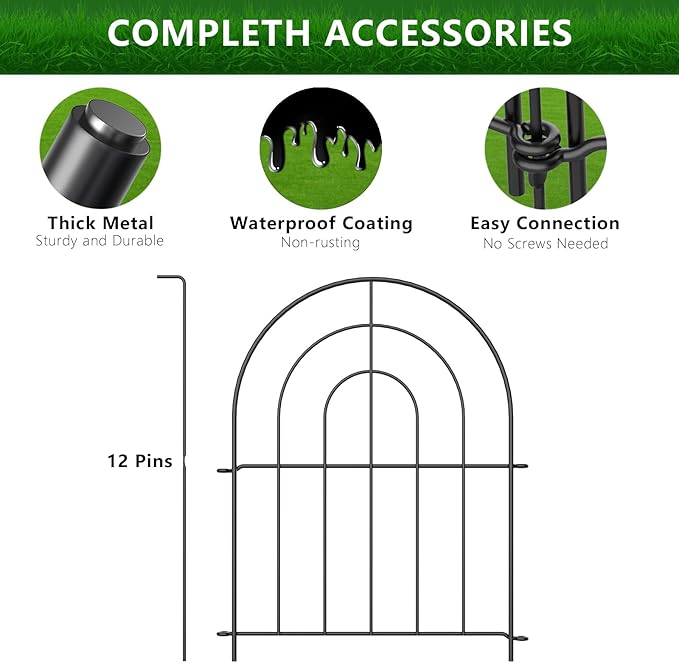 Decorative Garden Fence 17 Inch x 16 Feet, 12 Pack Rustproof Metal No-Dig Fence, Animal Barrier for Dogs, for Patio Outdoor Decoration