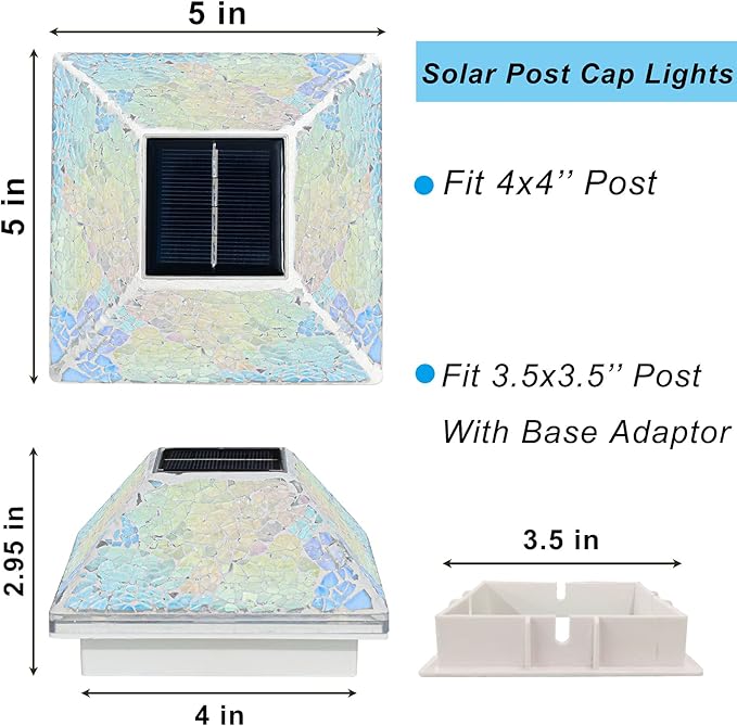SUNNYPARK 2PK Mosaic Solar Post Cap Lights Outdoor for 4x4, 3.5x3.5 Post Crackled Glass Deck Fence Lamp Weatherproof LED Light Decor in Garden, Yard, Outdoor Table, Balcony, Landscape- Iridescent