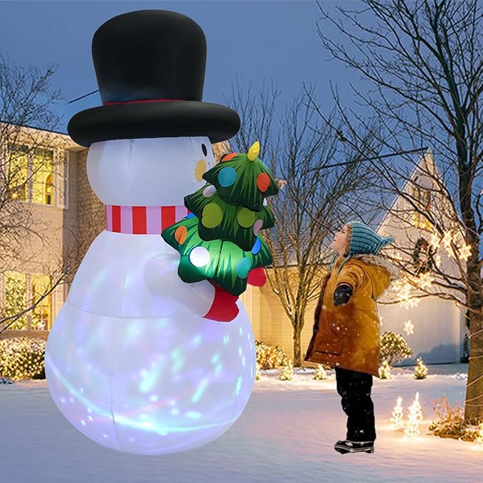 8 FT Christmas Inflatables Snowman Yard Decoration, Blow Up Snowman with Christmas Tree Outdoor Decoration with Rotating LED Lights for Holiday Party Garden Lawn Decor, Xmas New Year Kids Gifts