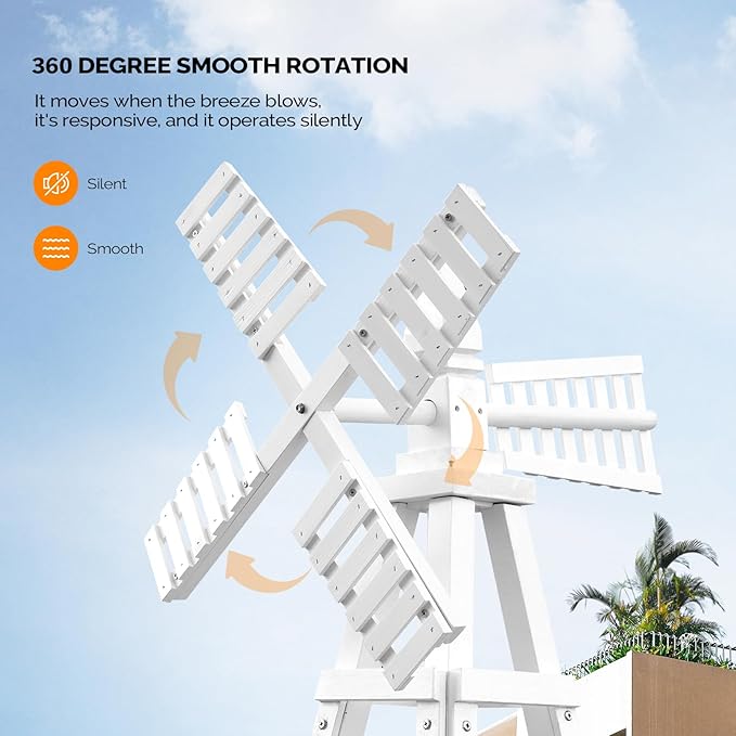 Wooden Windmill, Weather-Proof Wind Spinner, Outdoor Wind Mill for Garden Lawn Patio Decoration (White, Large)