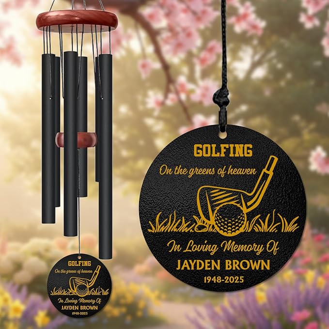 Personalized Golf Memorial Wind Chime – “Golfing on The Greens of Heaven” Custom Name & Years – Sympathy Gift for Golf Lovers – Memorial Windchimes for Loss of Loved One – Garden Remembrance Décor