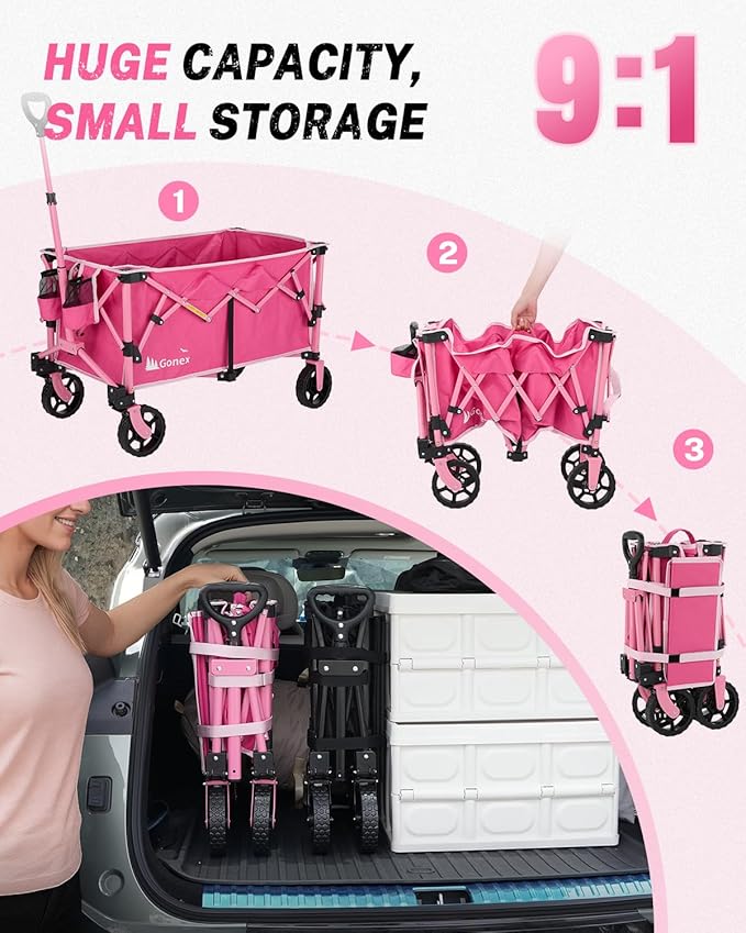 Gonex 38''L Collapsible Foldable Wagon Cart with 360lbs Weight Capacity, 220L Folding Utility Garden Cart with Detachable Wheels for Grocery Sports Shopping Camping - Pink