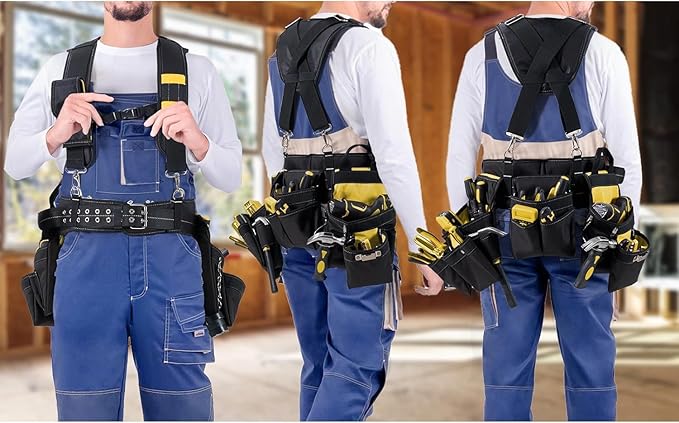 Tool Belt With Suspenders, Tool Belts for Men, 22 Pockets Tool Belt, Heavy Duty Tool Organizer for Framers Carpenter Electrician Construction Woodworker Yellow