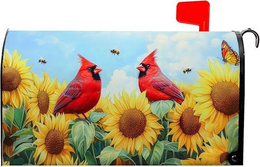 Cardinal Birds Mailbox Cover Summer Mailbox Covers Magnetic Standard Size 21x18 inch Sunflower Bee Butterfly Mail Box Covers for Outdoor Farmhouse Garden Yard Decor Red Bird