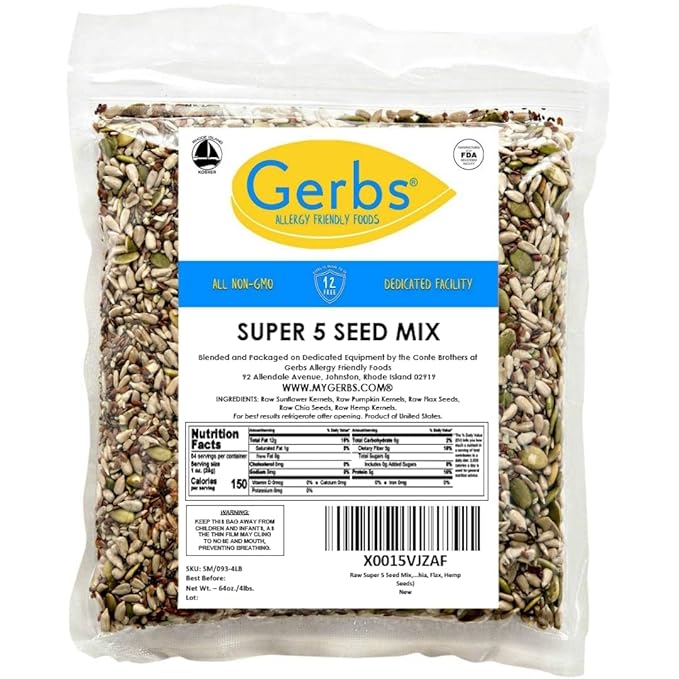 Gerbs Super 5 Seed Snack Mix 4 lbs. | Raw, No Artificial Additives, Resealable Bag | Crunchy Pumpkin, Sunflower, Brown Flax, Black Chia, Hemp | Top 14 Allergen-Free