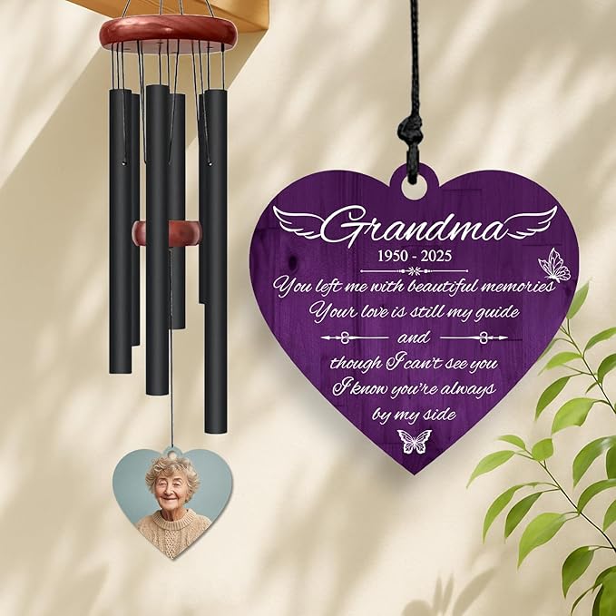 Personalized Mom Memorial Wind Chime – “You Left Me with Beautiful Memories” Custom Name & Years – Heart Shaped Angel Wing Sympathy Gift – Outdoor Remembrance Windchime for Loss of Mother or Wife